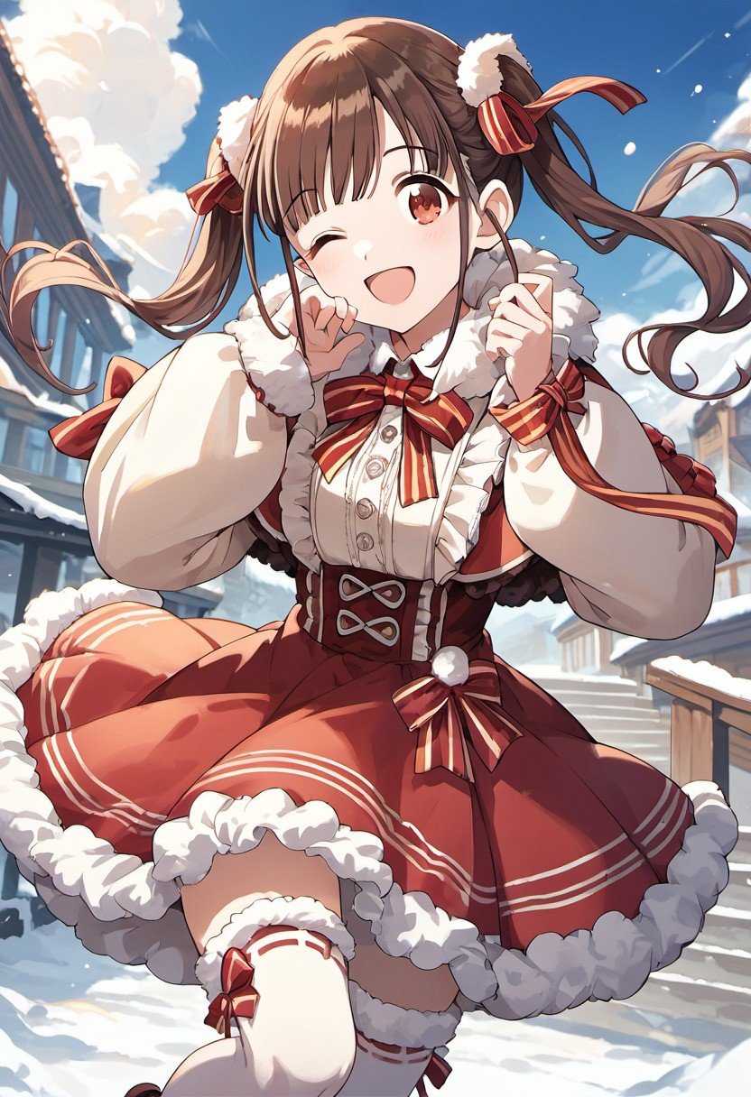 score_9, score_8_up, score_7_up, source_anime, sonoda chiyoko, brown hair, red eyes, 1girl, one eye closed, solo, twintails, smile, thighhighs, open mouth, looking at viewer, ribbon, fur trim, frills, dress