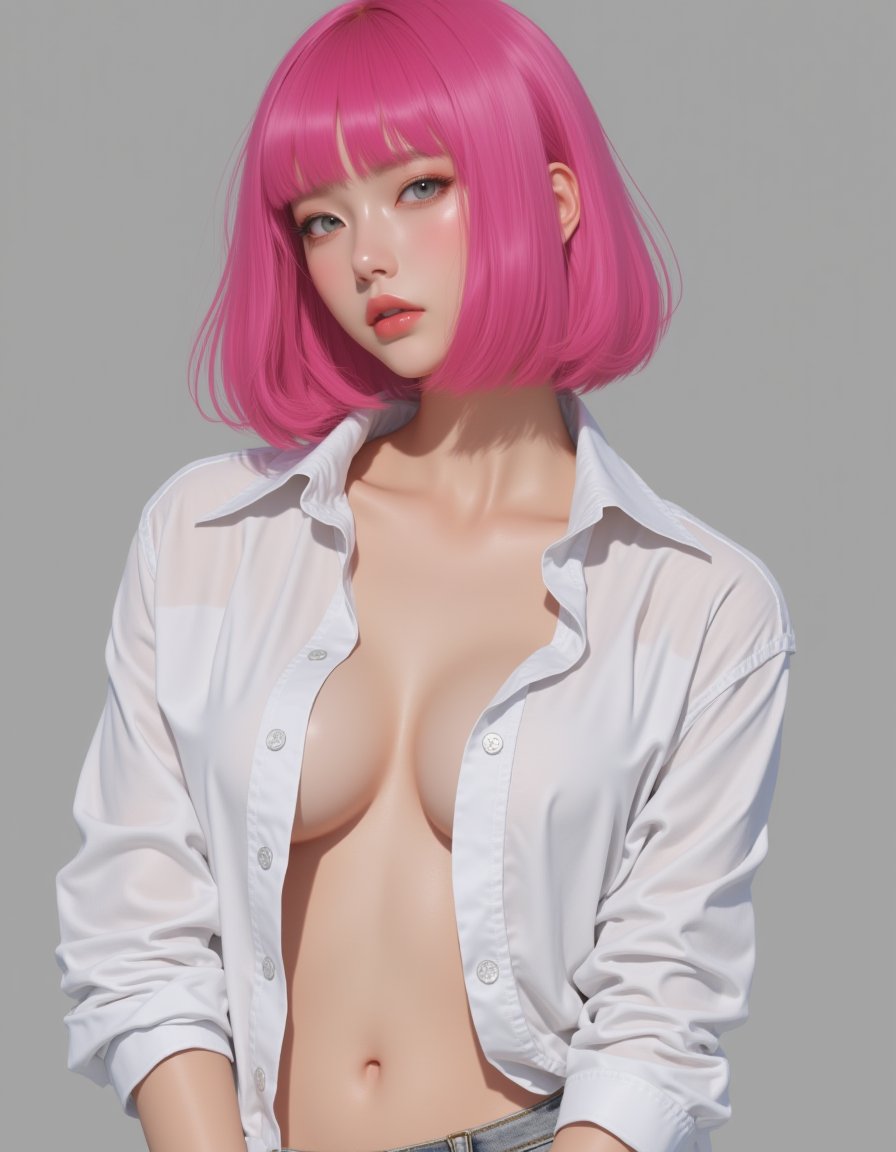 Sexy Suchkgirl in loose oversize white shirt, shoulder, navel, vibrant pink bob hair, korean, hyper realistic