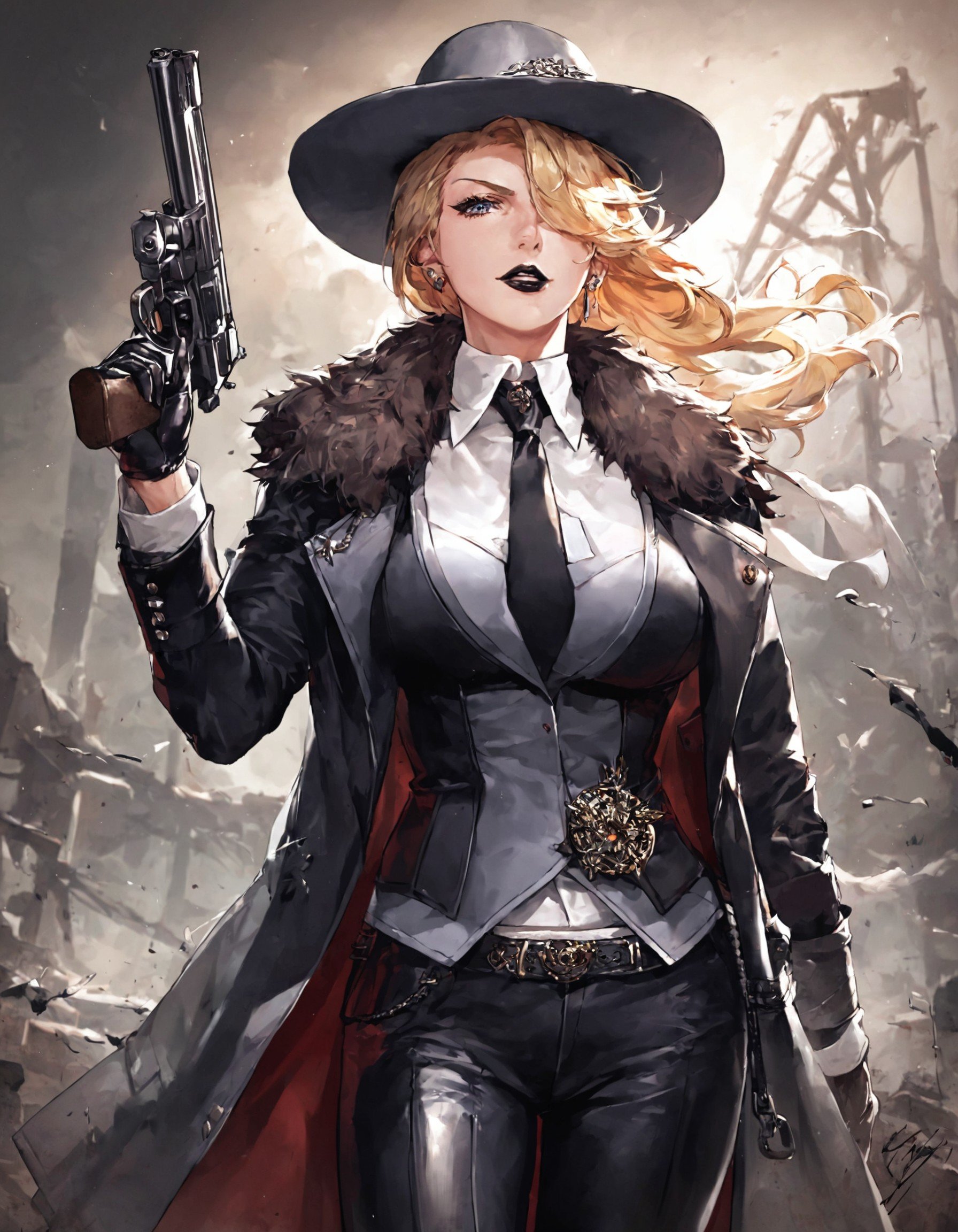 (score_9, score_8_up, score_7_up), (source_anime), (masterpiece), best quality, styleptn, weapon, necktie, gloves, limousine, leather, hair over one eye, fur trim, 1girl, jacket, coat, formal, handgun, suit, pants, standing, looking at viewer, black gloves, grey fedora, hat, short hair, black pants, long hair, blonde hair, black jacket, Black lips, confident, Post apocalyptic, Mature female, cowboy shot, mysterious, Dutch angle, dark themes, , <lora:262b4ab8-59c9-4236-a286-9b7fe4d5d4dc:0.7>