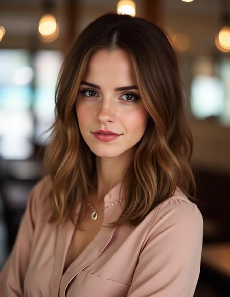 <lora:Emma_Watson_V2_Flux:1> beautiful detailed photograph, styled shoulder length hair. strands of hair framing her face. Makeup. She is wearing a chic blouse,  standing in a cafe looking at the viewer.