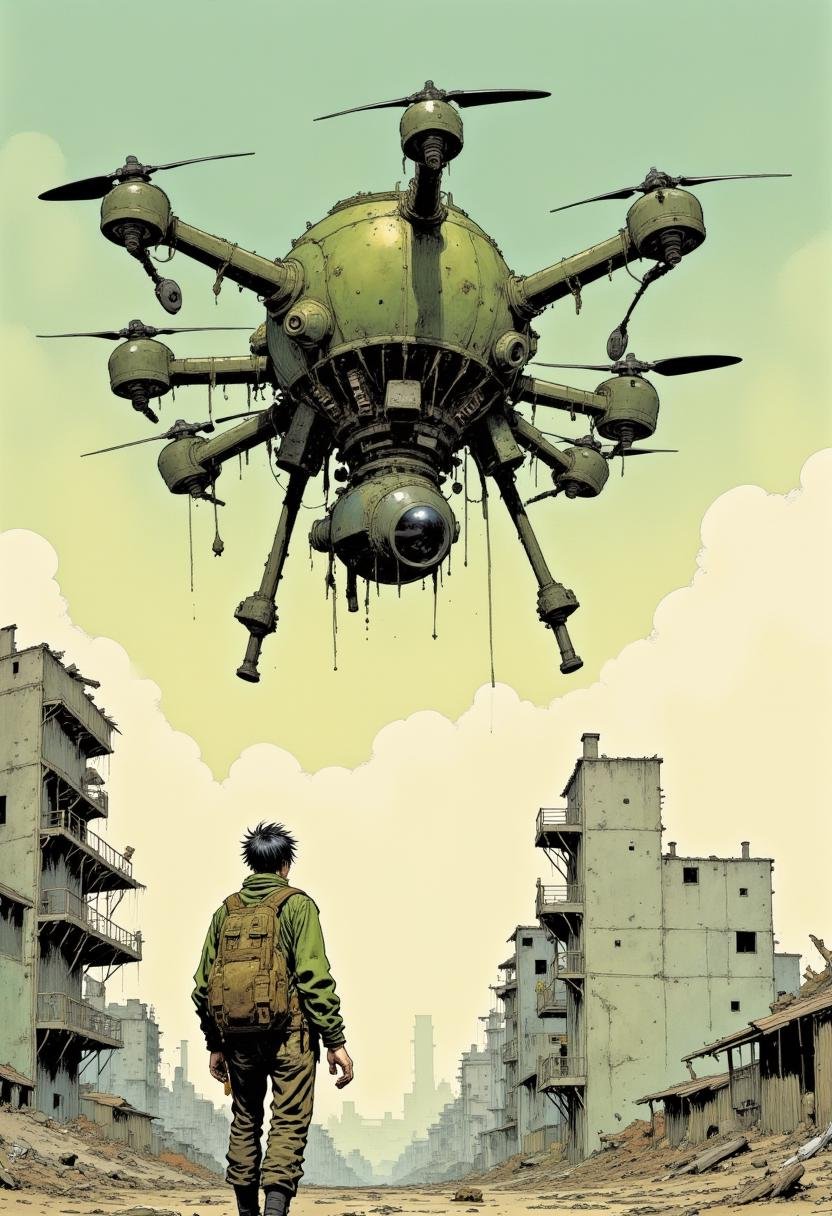 A detailed, highly stylized digital drawing in a comic book or graphic novel style. The image features a large, futuristic drone hovering above a desolate, post-apocalyptic cityscape. The drone, centrally positioned, is an intricate, mechanical structure with a bulbous, spherical head and multiple, segmented limbs. It has a dark green and olive color palette, with various metallic textures and rivets, giving it a worn, industrial look. The head is adorned with multiple sensors and a large, dark, circular eye, suggesting advanced surveillance capabilities. In the lower right corner, a lone human figure stands, partially obscured by the drone. The figure is dressed in rugged, survivalist gear, including a green and brown military-style jacket, khaki pants, and a backpack with various straps and pouches. The person appears to be a male with short, dark hair and a weathered, determined expression. The background depicts a city in ruins, with crumbling, gray buildings and a sky filled with a few scattered clouds. The overall color scheme is muted, with shades of beige, gray, and green, enhancing the sense of desolation and decay. The image conveys a sense of isolation and technological dominance, set against a backdrop of human neglect. Mangaka style. <lora:Mangaka_3012-000009:1.0>