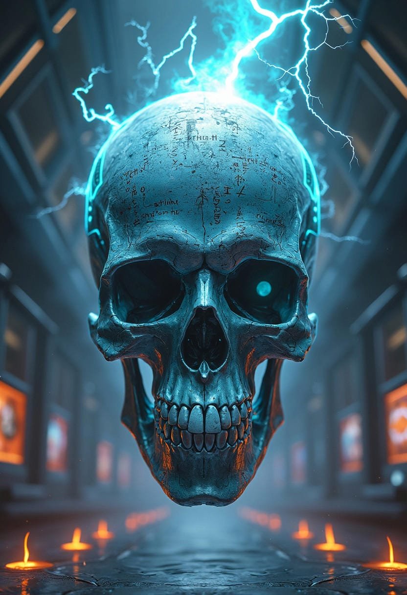 the image must contain maximum high quality details, the realism of the image must be maximal and of high quality, image quality must be maximum,  image rendering  must be maximum,  the image must have a lot of detail and be very complex, Imagine an alternate future where a spectral skull hovers ominously at the center of a dark, futuristic chamber. This ethereal skull, glowing with a ghostly blue, silver, and deep violet light, is etched with ancient runes that pulse with arcane energy. Arcs of crackling, supernatural lightning radiate from the skull, spiraling outward and connecting it to an array of advanced machines and mystical devices that seem to feed off its eerie power.The skull’s hollow eye sockets flicker with flickering, otherworldly flames, and its presence warps the air, distorting reality with rippling waves of energy. Holographic screens flash with cryptic symbols and spectral incantations, illuminated by the eerie glow of the skull. The surrounding machines hum with an unsettling resonance, as if drawing life force from the spectral entity. Ghostly wisps of light circle around the skull, sometimes merging with its form, intensifying the supernatural display. The atmosphere is both chilling and mesmerizing, where the spectral skull fuses dark magic and advanced technology, commanding awe and fear in all who witness it.