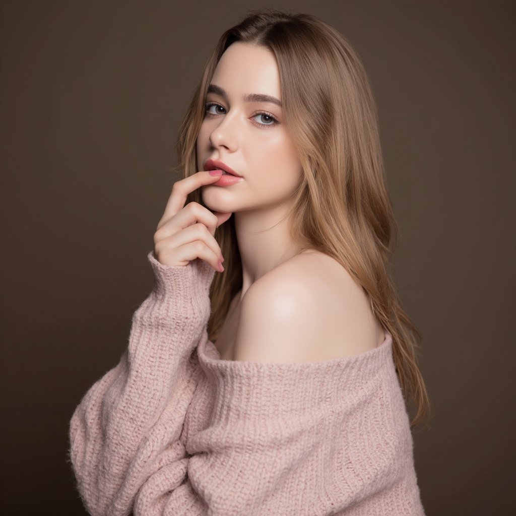 A portrait of dasha_taran with long, wavy blonde hair. She wears a light pink, off-the-shoulder sweater with a textured pattern. Her pose is relaxed, with her hand resting gently on her chin. The background is a dark, muted brown, contrasting with the woman's lighter complexion and the sweater's lighter tones. The image style is contemporary, emphasizing the subject's natural beauty and elegance.