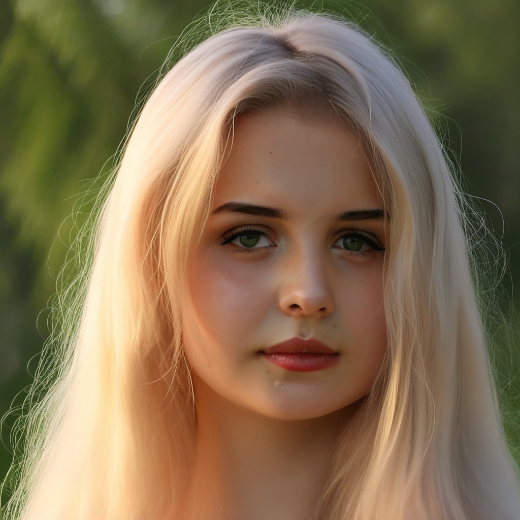 mikas, 1girl, solo, realistic, portrait, blonde hair, long hair, beautiful, green eyes, uncensored