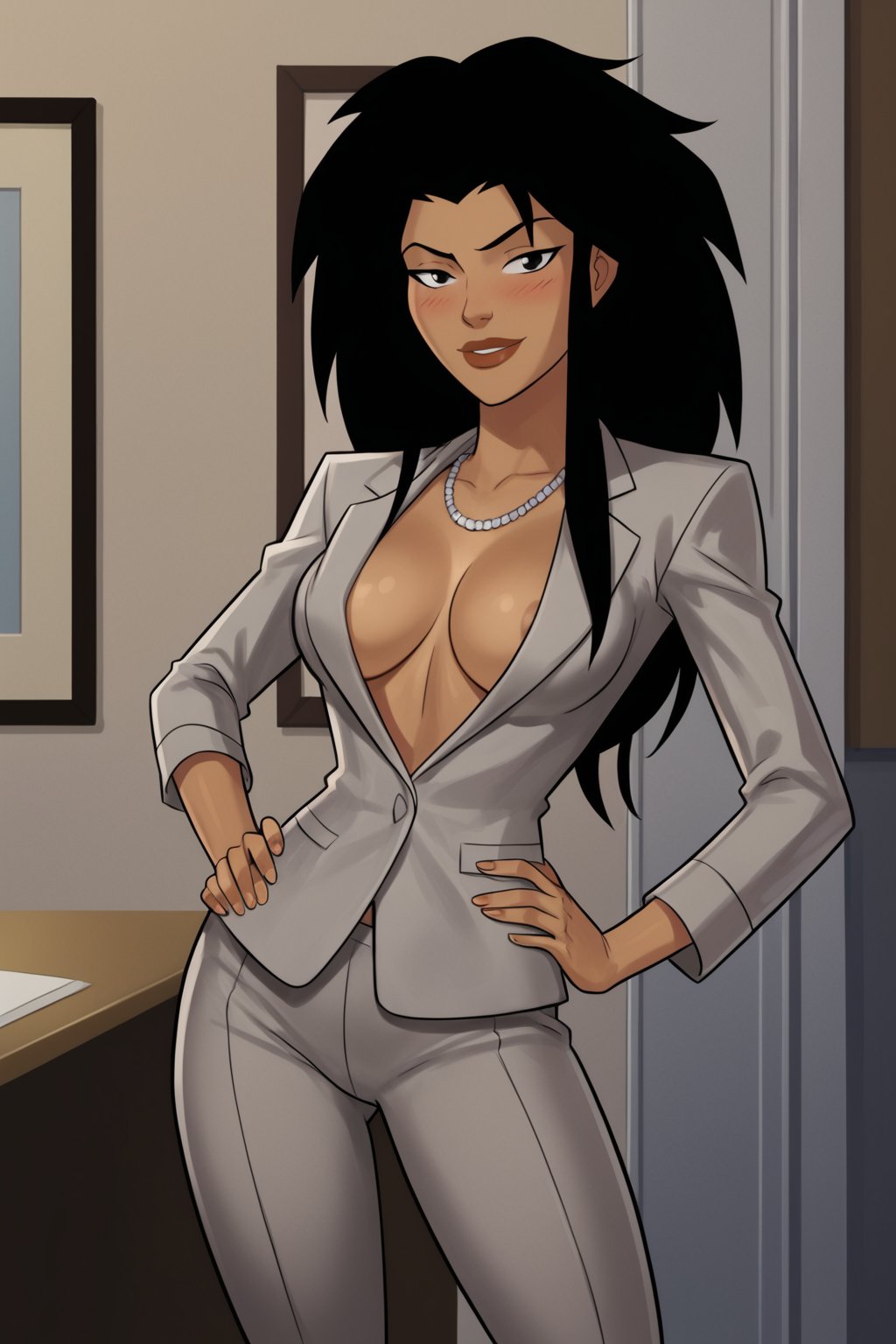 PonyXLV6_Scores BREAK (parody, anime coloring, perfect anatomy, perfect eyes, cowboy shot) BREAK <lora:Cheshire:0.8> jade nguyen, long hair, black hair, dark-skinned female, black eyes, flirting, raised eyebrow, blush, ((looking at viewer)), jewelry, necklace, suit, no bra, pants, curvy, toned, athletic, standing, hands on hip, in luxurious office, indoors