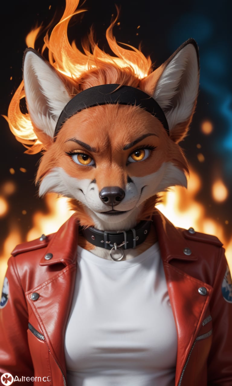 score_9, score_8_up, score_7_up, score_6_up, score_5_up, score_4_up, source_furry,realistic, photo,detailed face eyes and fur, BREAK,1girl, dark ambient, glow, (detailed fire background, blue fire AND red fire:1.1), anthro furry female fox, orange hair, glowing gradient orange yellow eyes, enface portrait, small, medium breasts, looking at viewer, intimidating, smirk, raised eyebrow, lowered eyebrow, black headband, black collar with white spikes, flame hot red leather jacket, white shirt with fire logo, highly detailed, absurdres, cinematic lighting, soft, fluffy