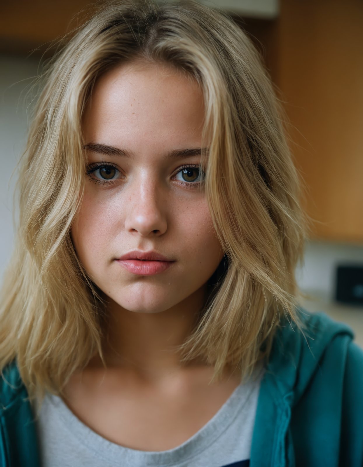 a beautiful college girl, dirty blonde, close-up, girl next door, baggy clothes, interior, film grain, sharp focus on subject, Fujifilm XT-3