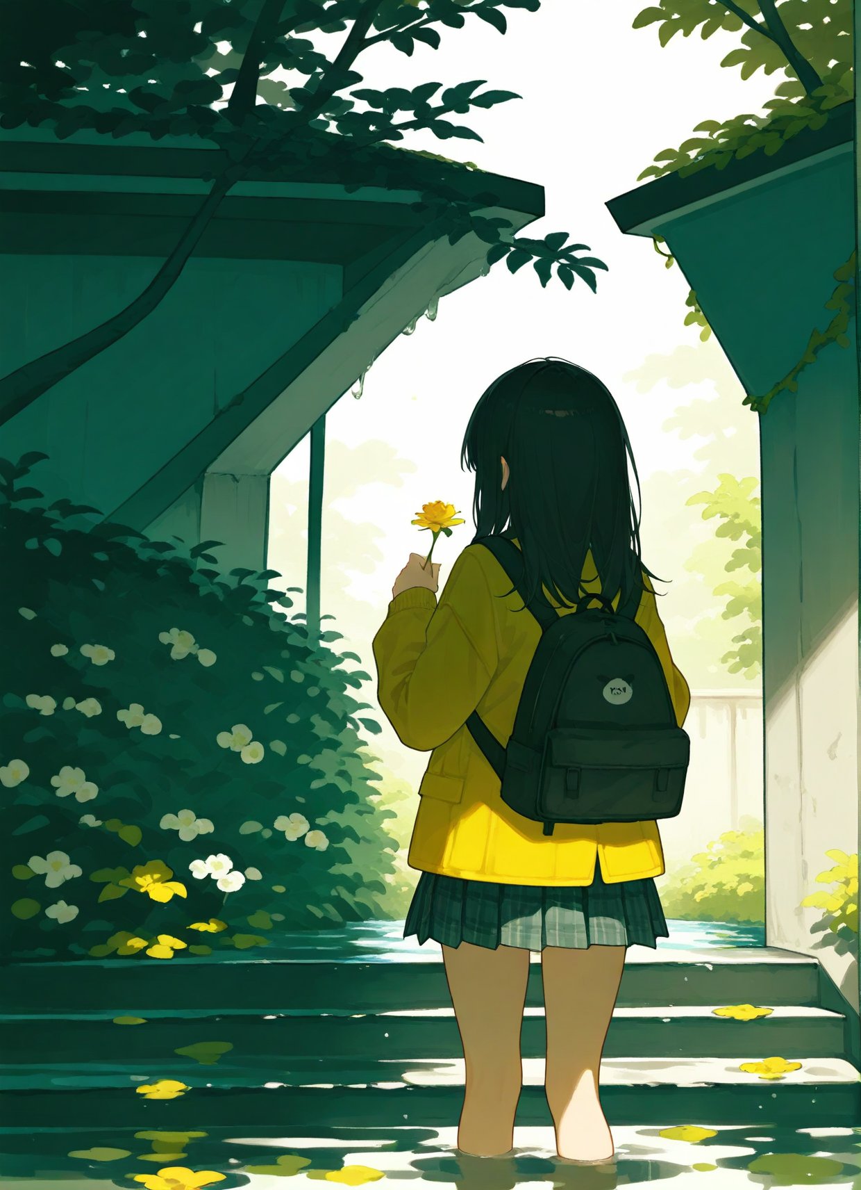 score_9,score_8_up,score_7_up,1girl,flower,solo,skirt,bag,backpack,long hair,yellow jacket,black hair,stairs,wading,water,outdoors,holding flower,plaid skirt,from behind,holding,plaid,plant,pleated skirt,standing,scenery,long sleeves,jacket,overgrown,facing away,, best quality,amazing quality,very aesthetic,absurdres,beast quality,masterpiece,