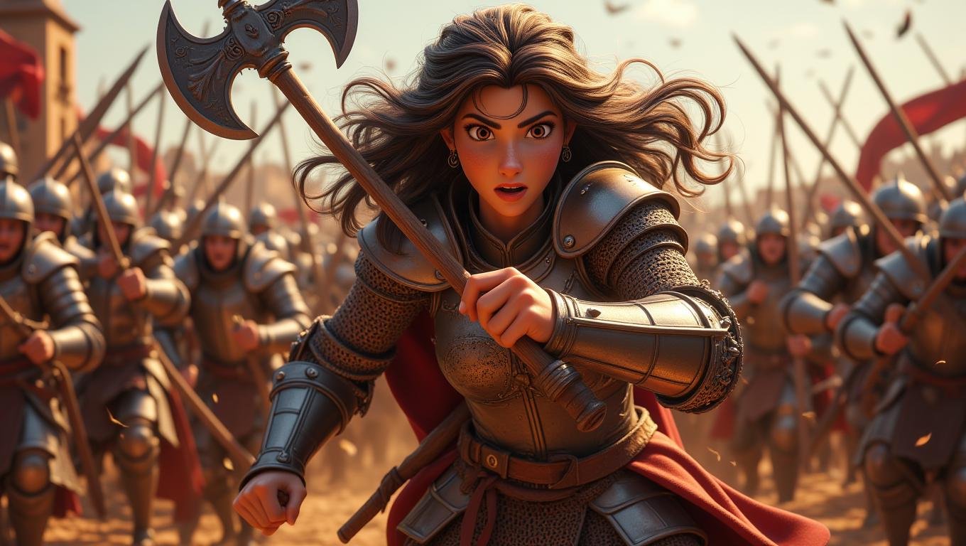 A fierce female warrior, clad in intricately designed armor, charges into battle with a determined expression. She wields a double-edged axe with expert precision, her long hair flowing behind her as she faces her enemies. The battlefield is chaotic, with clashing swords and flying arrows, but the warrior remains focused and unyielding. The style is dynamic and intense, emphasizing the warrior’s strength and the ferocity of medieval combat   <lora:Cute_3d_Cartoon_Flux:0.7>