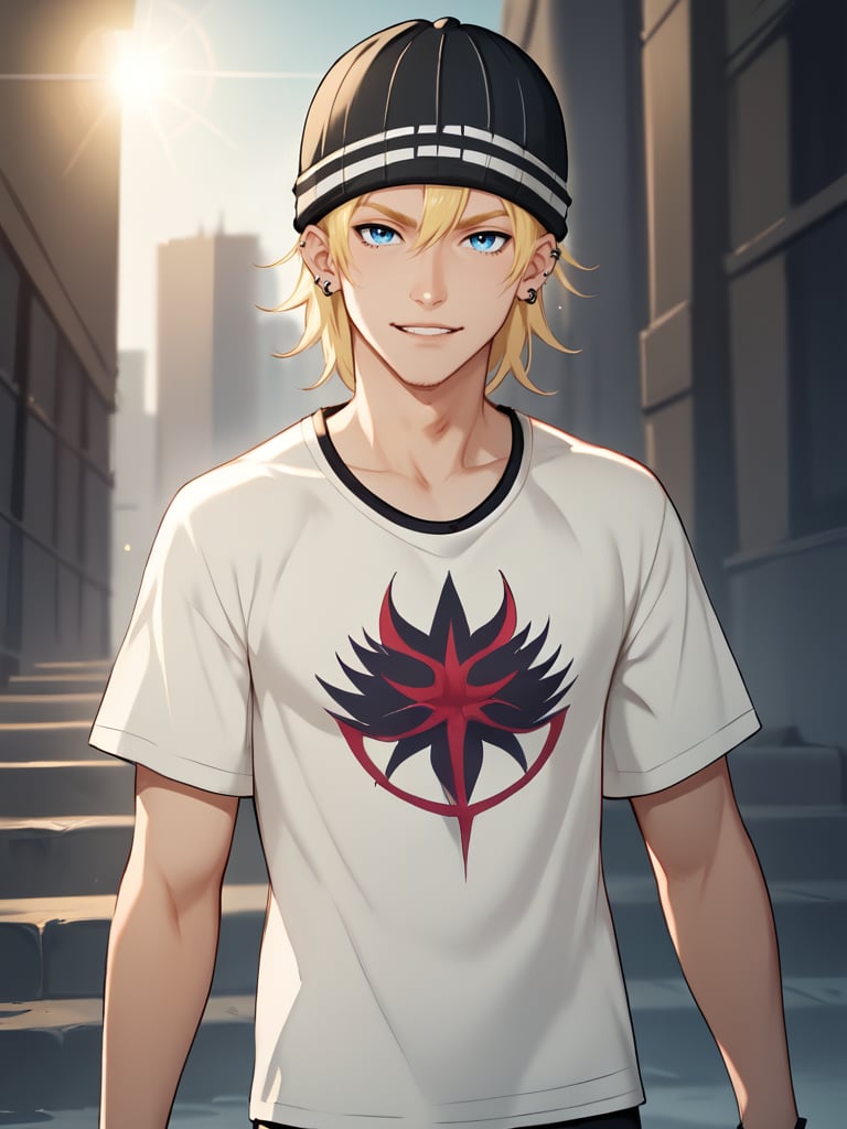 score_9, score_8_up, score_7_up,  score_6_up, score_5_up, score_4_up, source_anime , rating_safe <lora:Jude:0.9> 1boy, blue eyes, white shirt, short sleeves, jude1, blonde, skater boy, black hat with a white stripe, print t-shirt, male focus, looking at viewer,  rare corruption, moderate darkness, defined shadows, eerie background, intense expression, dark accessories, evil symbols, distinctive vibe, growing malevolence, darker aura, malicious grin, piercing gaze, menacing pose