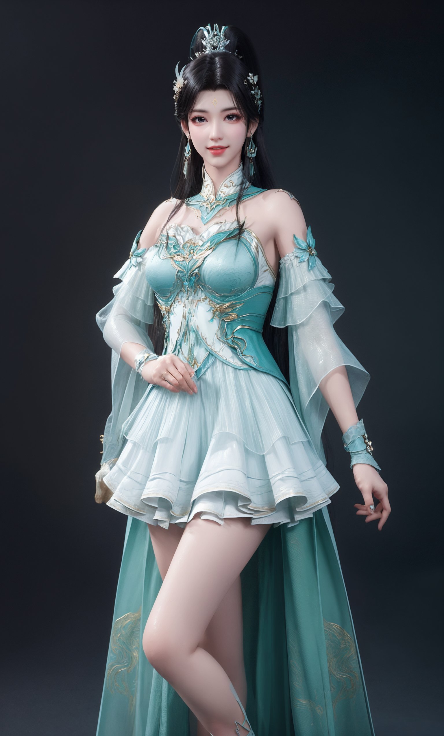 (Solid background:1.2),masterpiece,(best quality),official art,extremely detailed cg 8k wallpaper,(extremely delicate and beautiful),full body,crossed legs,solo,realistic,photo_\(medium\),chinese clothing,cyan skirt,cyan dress,earrings,jewelry,detached sleeves,earrings,bare shoulders,solo,),adfxx0.75NOST4,1girl,solo,long hair,ponytail,hair bun,black hair,hair ornament,smile,forehead mark,<lora:xuner_douzong-8:0.7>,adfxx,