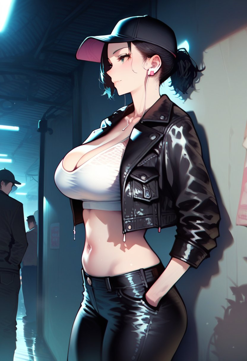 score_9, score_8_up, score_7_up, score_6_up, source_anime, <lora:WAW 0.2v:0.85>, WAW, curvy, curves, curvy body,1girl, hat, earphones, breasts, jacket, hands in pockets, short hair, navel, black jacket, cleavage, baseball cap, solo focus, pants, midriff, open jacket, leather jacket, leather, open clothes, black hair, collarbone, earbuds, black headwear, crop top, closed mouth, outdoors, black pants, crowd, bangs, medium breasts, long sleeves, standing, night, leaning back, wall, from side, indoors, train station, against wall, 