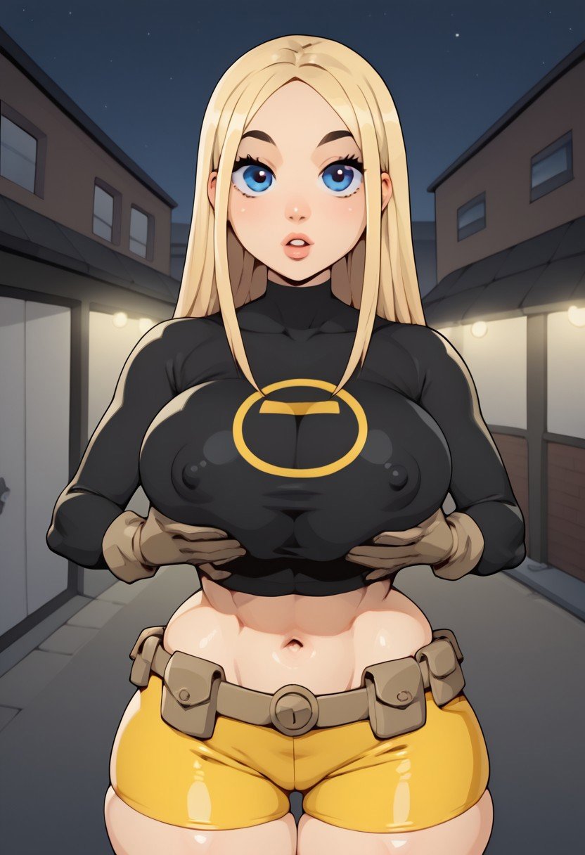 score_9, score_8_up, score_7_up, deep skin, shiny skin, (skindentation), (((highly detailed))), , high quality, highres, (curvy), ((((wide hips)))),, thick thighs, cute, , sexy, huge breasts, TerraTT, TerraSDXL, 1girl, blonde hair, long hair, blue eyes, forehead, parted bangs, black shirt, long sleeves, turtleneck, midriff, navel, yellow shorts, biker shorts, brown belt, brown gloves, skintight shirt, solo,, (covered nipples), outside, night,  