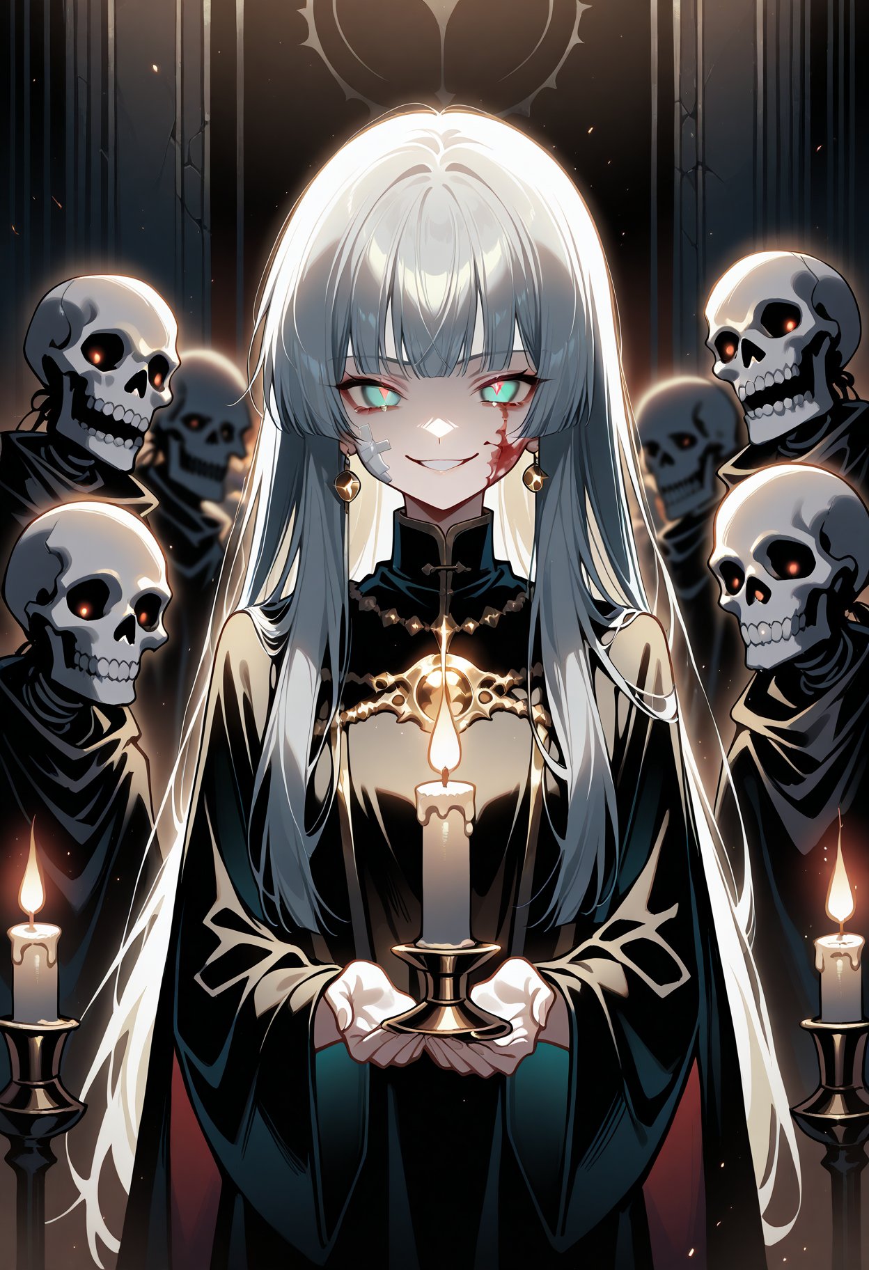 a dim scene,the walls of skeletons piled up,girl wearing black gauze,gold jewelry,turquoise eyes,gray long hair,air bangs,candlelight,evil_smile,