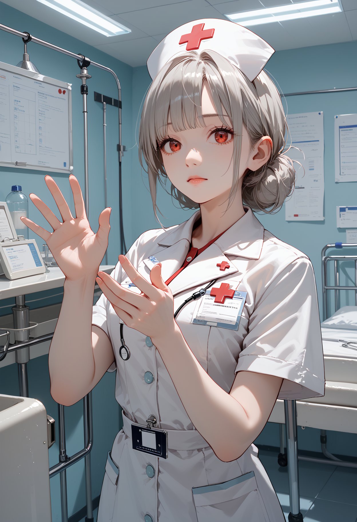 score_9,score_8_up,score_7_up,masterpiece,best quality,8k,1girl,dark_grey_hair,air_bangs,red_eyes,hands up,nurse uniform,in the hospital,the background is a complex ward,various medical equipment,frome_above,