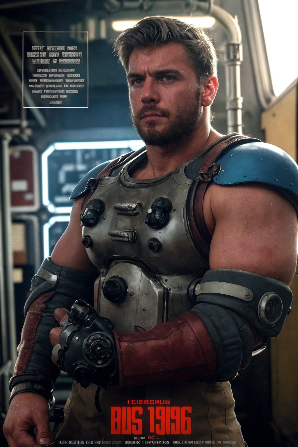 realistic, highly detailed, intricate details, detailed background, depth of field, male focus, A retro-futuristic photo of an argentinian man wearing dieselpunk power armor in a technological lab with brutalist dieselpunk elements, (beard), angular design, bolts and piping, in a (1990s style scifi movie poster:1.2), with dark red and blue details, (title text:1.2), (analog photo:1.4), (subsurface scattering, filmic, chiaroscuro, soft light, vibrant colors:1.2), (selective focus, European film, movie still, film grain:1.2), (muscular, big muscles, large pectorals, puffy nipples, massive arms:1.2)