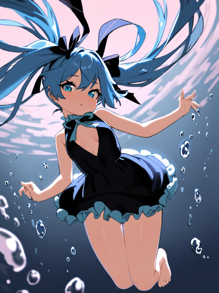 masterpiece, best quality, <lora:style578-a31-000020:1>, loli,1girl, solo, dress, long hair, underwater, hatsune miku, twintails, blue eyes, black dress, blue hair, bubble, breasts, air bubble, barefoot, very long hair, parted lips, cleavage, bangs, looking at viewer, sleeveless dress, frilled dress, sleeveless, medium breasts, floating hair, frills, bare arms, bow, ribbon, black bow, bare legs, submerged, hair ribbon, hair between eyes, fish, blue theme, bare shoulders, hair bow, black ribbon