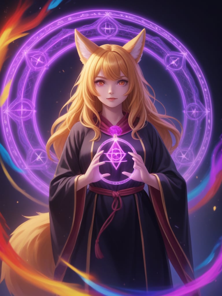 (Solo), anthro fox girl, black robe with golden details, sorcerer,colorful, rainbow,magic circle, summoning,