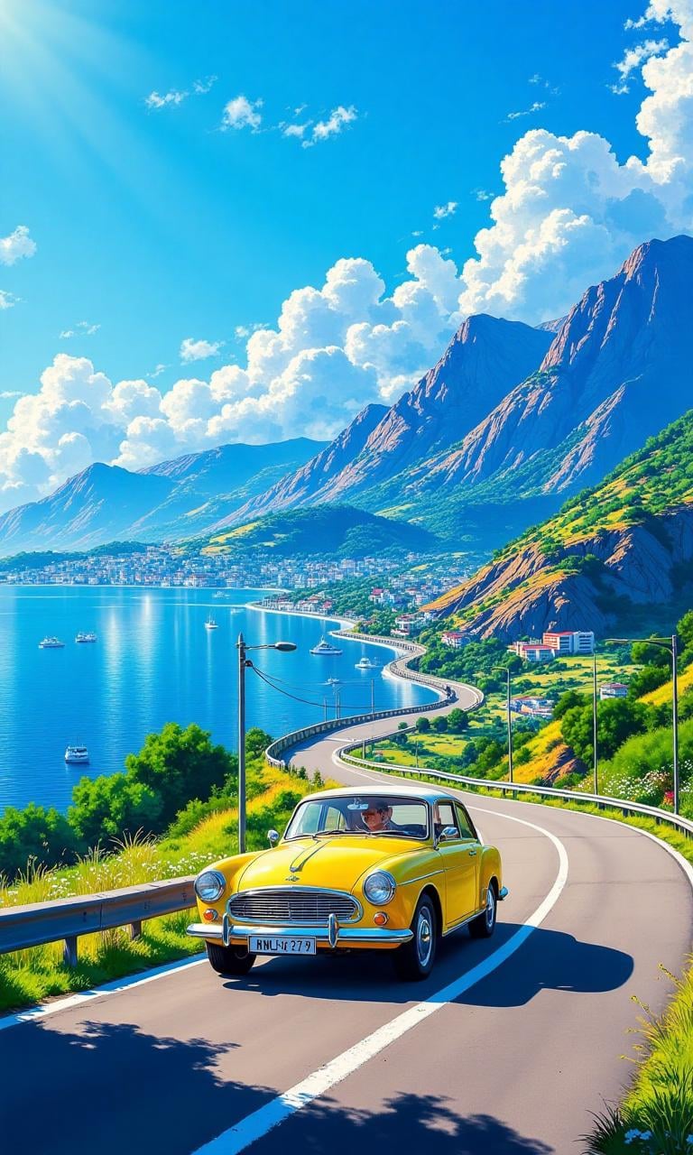 A cerulean yellow car cruising along the winding coast road,  sea on the left mirroring the sky,  rugged mountains rising...