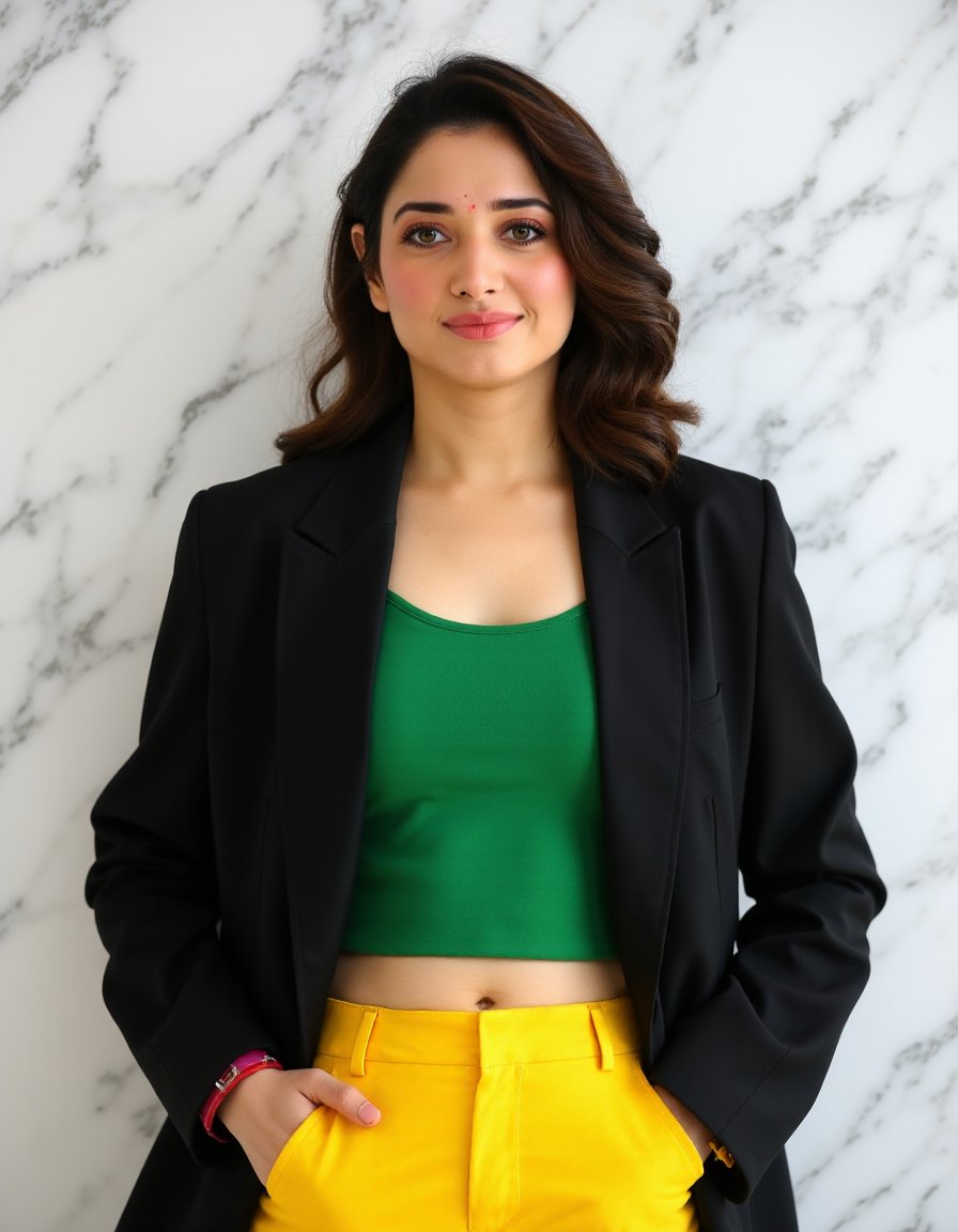 TamannaFlux,<lora:TamannaFluxV1:1.3>,fashion cover, front view, upper-body, woman model, white marble wall, black suit, green shirt, yellow pants TamannaFlux,<lora:TamannaFluxV1:1.3>, portrait of woman in a saree.