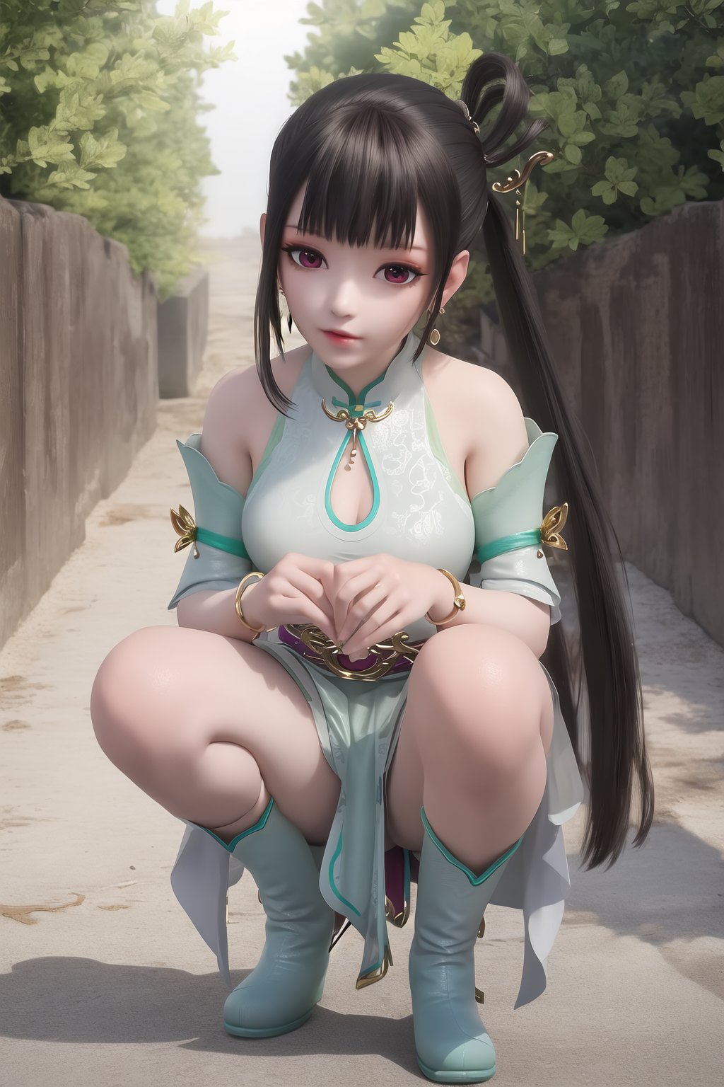 crystalstexture skin,8k,RAW photo,best quality,masterpiece,realistic,photorealistic,ultra-detailed,extremely detailed cg 8k wallpaper,looking at viewer,outdoors,1girl,solo,long_hair,black_hair,hair_ornament,jewelry,bare_shoulders,earrings,hair_rings,squatting,dress,chinese clothes,bare legs,boots,