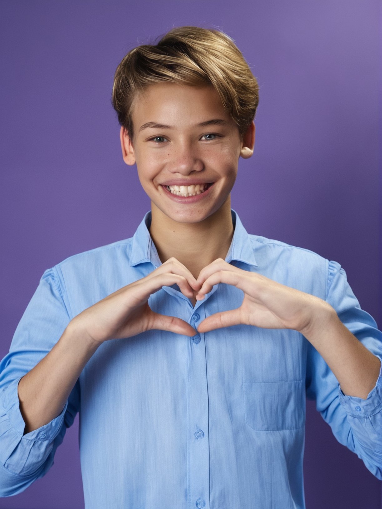 score_9, score_8_up, score_7_up, solo, photo, <lora:NG(n4tang0ldmann)SDXL:1> (n4tang0ldmann), teen boy, model, full thick lips, heart, smile, male focus, 1boy, solo, heart hands, blonde hair, shirt, teeth, looking at viewer, blue shirt, grin, upper body, realistic, realistic, hyper detailed photorealistic life-like accurate proportional 8k sharp focus, empty hands, accurate cinematic lighting, photorealistic detail, uncensored, full body shot  <lora:add-detail-xl:0.6>  