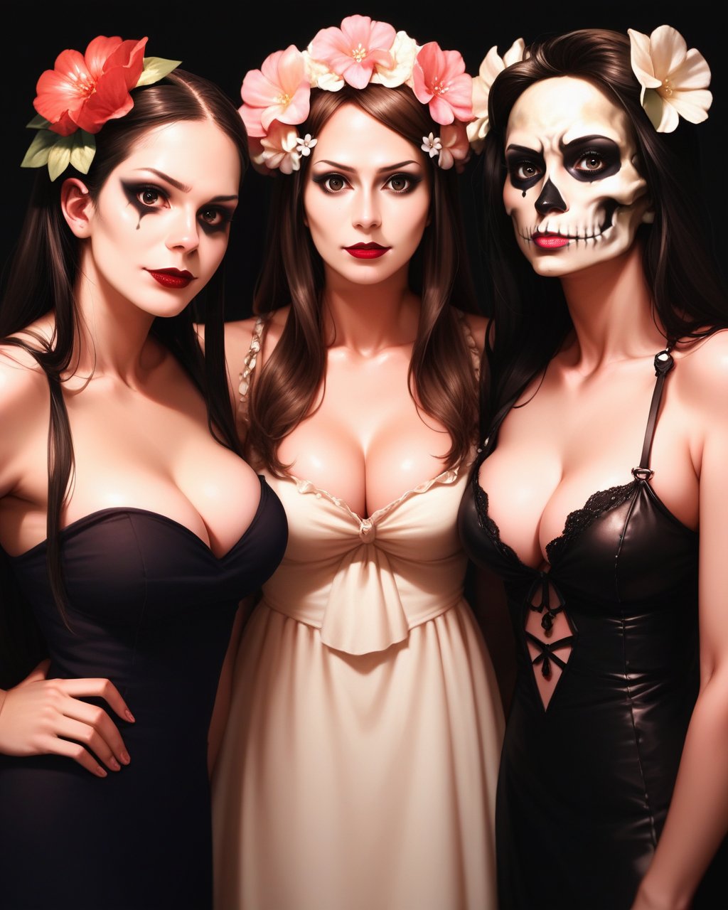 score_9_up, score_8_up, score_7_up, halloween makeup, multiple girls, 3girls, black hair, long hair, flower, breasts, cleavage, brown hair, hair ornament, makeup, hair flower, lipstick, looking at viewer, skull, dress, <lora:NeoNi_HMUP:0.7>