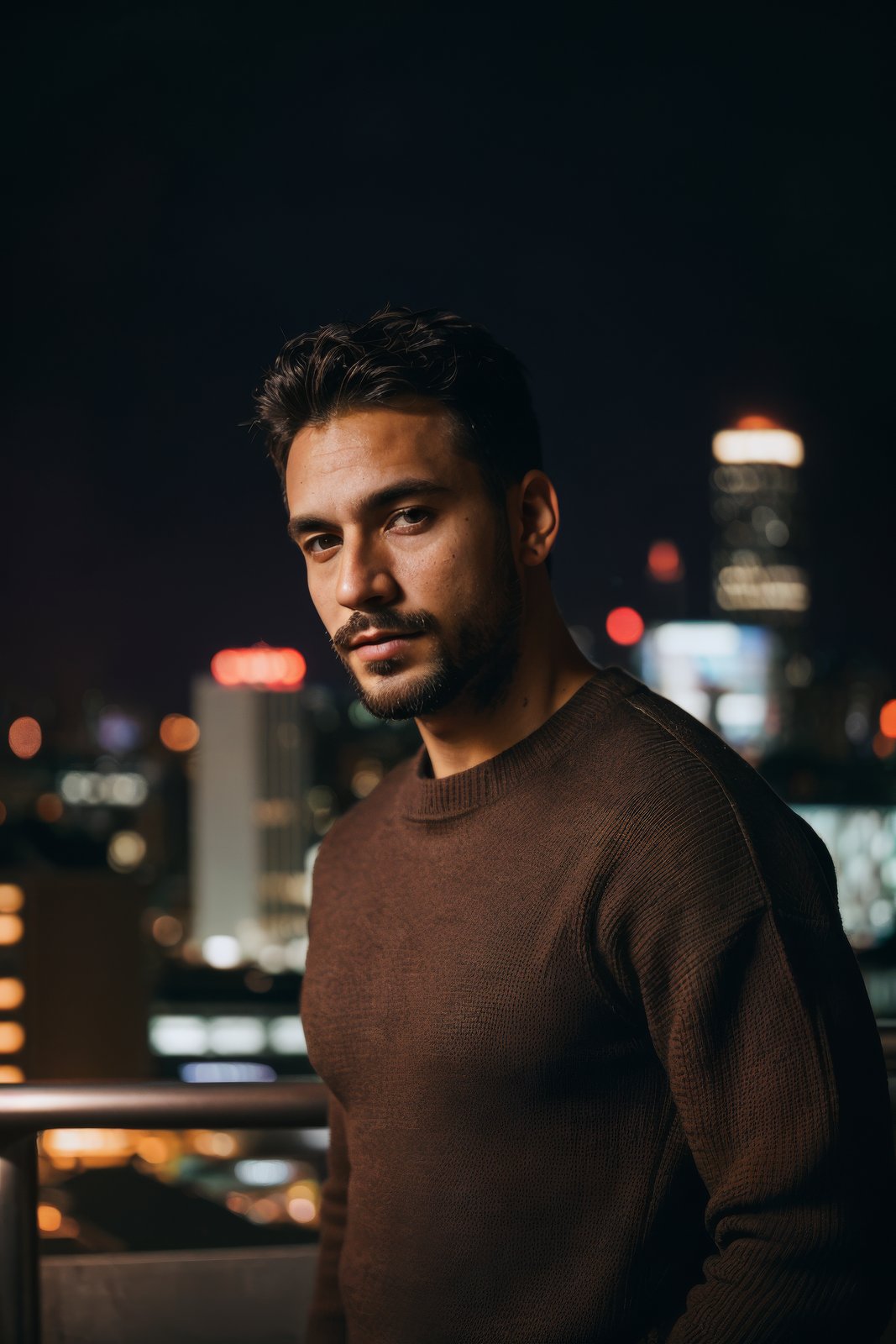 closeup photo of a man wearing fitted sweater, facial hair, blurred city skyline, urban rooftop, twilight, natural light, city lights, subtle backdrop, intense and introspective mood, skin texture, modern (rugged:0.4) aesthetic, thoughtful expression, cropped torso, under dramatic edge lighting, triangular composition, shot on a Sony A7III