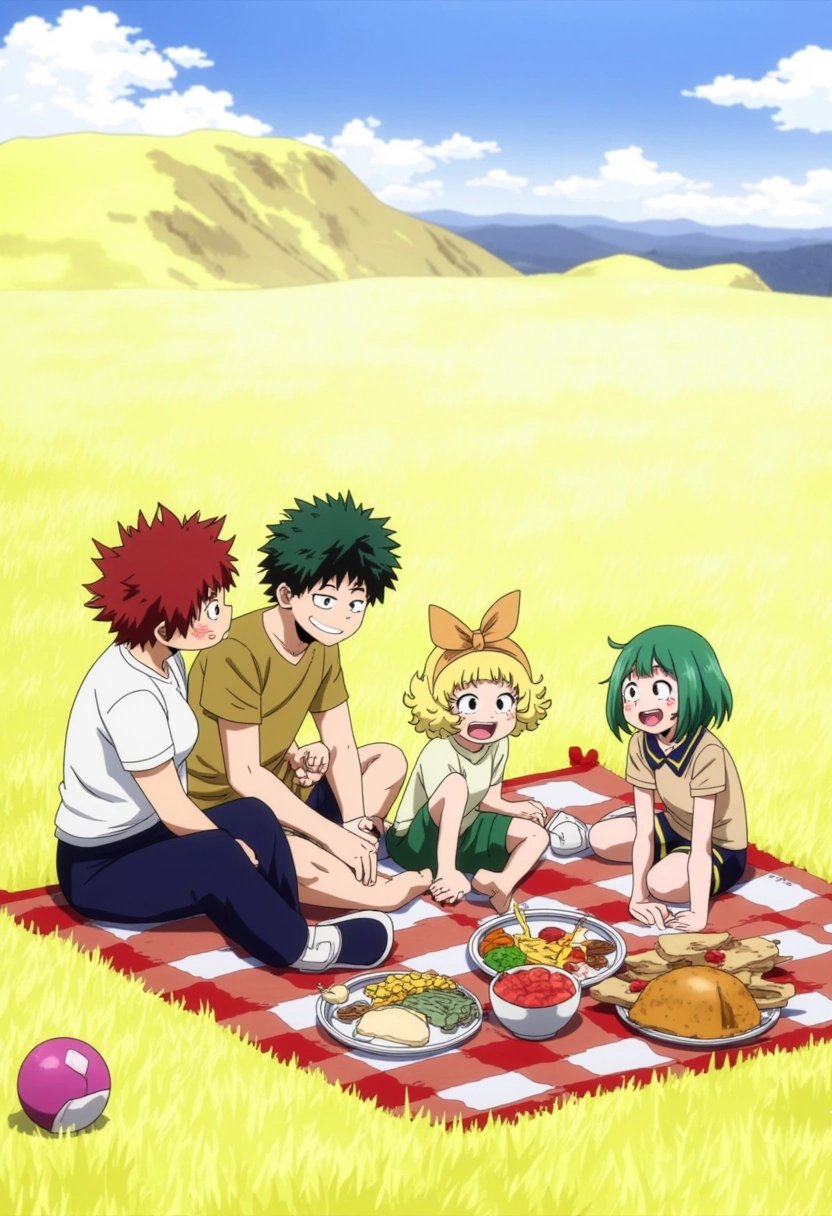 A family of four enjoying a picnic in a sunny field, sitting on a blanket with food spread out in front of them. The parents are laughing while the children play with a ball nearby. The scene feels warm and full of life. boku_no_hero_academia_style