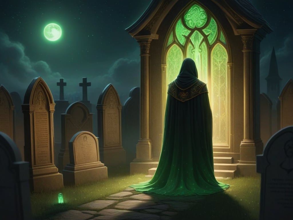 score_9,score_8_up,score_7_up,lots of small parts, ultra detailed,detailed grim reaper, robe, view from behind, cloak, long cloak, long coat,intricate golden patterns, embossed robe,scarf, sad, sorrow, emotional, tears, nighttime, eerie green glow, fog, moon light, stars, graveyard, grave tombstone, (stuffed animal by grave), detailed graveyard, detailed background, Celtic, 