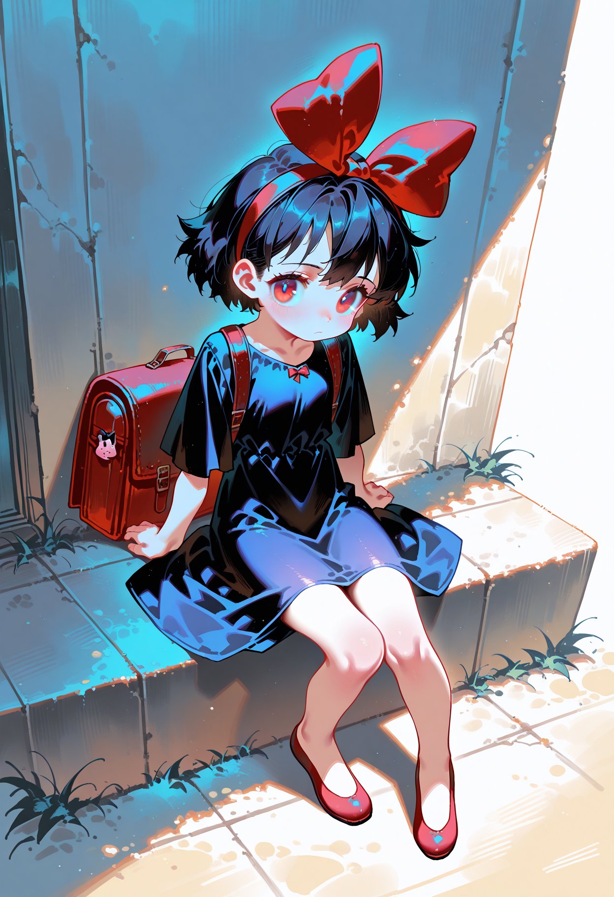 artist:Tsukumizu,(artist:porforever:0.5),(artist:rei \(sanbonzakura\):0.8),kiki_\(majo_no_takkyuubin\), 1girl, solo, looking_at_viewer, bangs, white_background, dress, bow, sitting, closed_mouth, full_body, short_sleeves, hair_bow, hairband, shoes, bag, black_dress, red_bow, arm_support, red_footwear, between_legs, no_socks, flats best quality, amazing quality, very aesthetic, absurdres