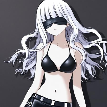 1 girl, solo, long hair, bangs, navel, white hair, bikini, blindfold, short skirt, leather skirt