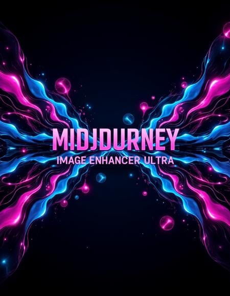 Text letters and words that says "Midjourney image enhancer ultra" in bold futuristic font at the center, surrounded by vibrant digital shapes and waves of color. A dynamic symmetrical composition highlighting the text with radiant neon lighting effects, sleek digital illustration capturing an energetic and modern ambiance <lora:Gaia V3 Lora:0.4>