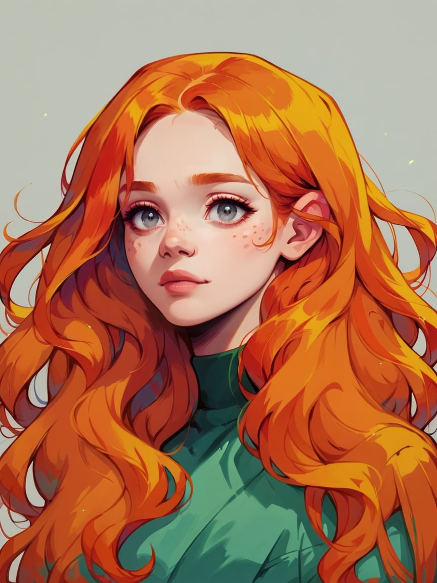 score_9, score_8_up, score_7_up, score_6_up, score_5_up,  <lora:coacalinaXLP:1> coacalina, colourful, 1girl, ginger hair, long hair, wavy hair, freckles, grey eyes