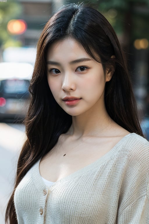 masterpiece, best quality, ultra-detailed, ultra high res, (photorealistic:1.4), raw photo, (realistic:0.2), 8k HDR, realistic cool temperature lighting, (asian:0.2), 1girl, solo, asymmetrical hair, outdoor, day, (simple background:1.2), bokeh, (detailed lips), (detailed pores), (detailed skin textures), (detailed face:1.2), (upper body:1.2), a woman in a cardigan, promotional image, a character portrait, (thigh gap:1.2), 