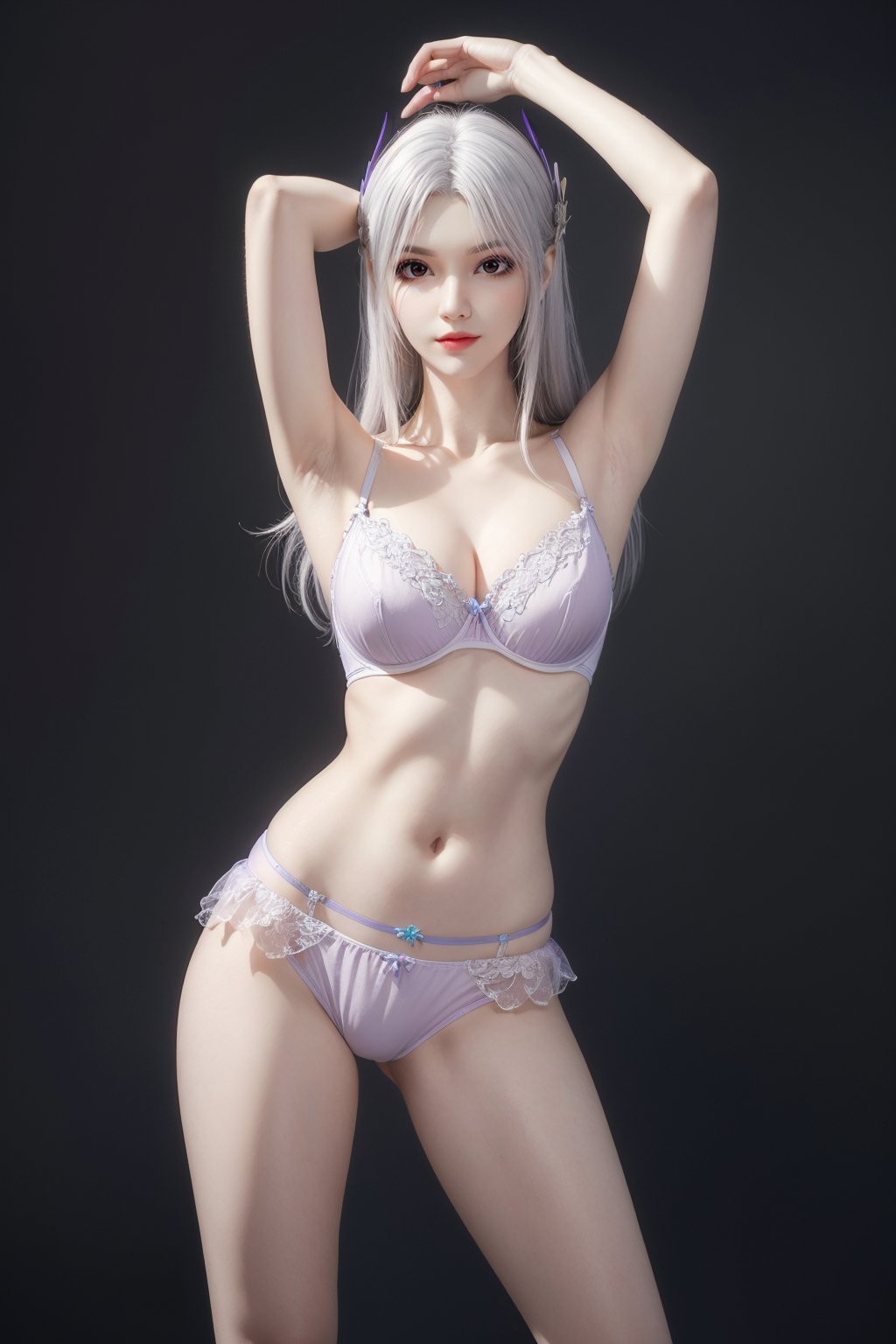 (Solid background:1.2),masterpiece,(best quality),light purple hair,official art,extremely detailed cg 8k wallpaper,(extremely delicate and beautiful),large breasts,solo,realistic,photo_\(medium\),__,(Standing with one hand behind the head:1.2),spread legs,(Underwire Bra and G-String Panty Set),__thePromptBuilder_v15/女性内衣__,__thePromptBuilder_v15/女性内衣__,__thePromptBuilder_v15/女性内衣__,adfxx0.75NOST4,1girl,long hair,hair ornament,white hair,<lora:yixian_douzun_2.1:0.6>,adfxx,