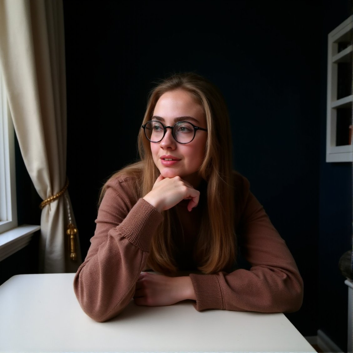 This is a high-resolution photograph of a young woman leaning on a white table, gazing pensively out a window. She has long, straight, light brown hair that falls past her shoulders, and she wears large, black-framed glasses that accentuate her light skin tone and delicate features. Her expression is introspective, with her lips slightly parted and her eyes looking slightly downward. She is dressed in a cozy, long-sleeved, brown sweater with a subtle pattern of small white dots, which adds a soft texture to the image. Her fingernails are painted a dark shade, possibly black or dark purple, and she holds her chin with her right hand, resting her left elbow on the table. The background features a dark, possibly black, wall with a small window on the right side, partially covered by light-colored curtains. The lighting in the photograph is soft and natural, coming from the window, creating a gentle, intimate atmosphere. The overall mood of the image is contemplative and serene, capturing a moment of quiet reflection.,Hillary_Clinton, <lora:Hillary_Clinton_Flux_V1:1>