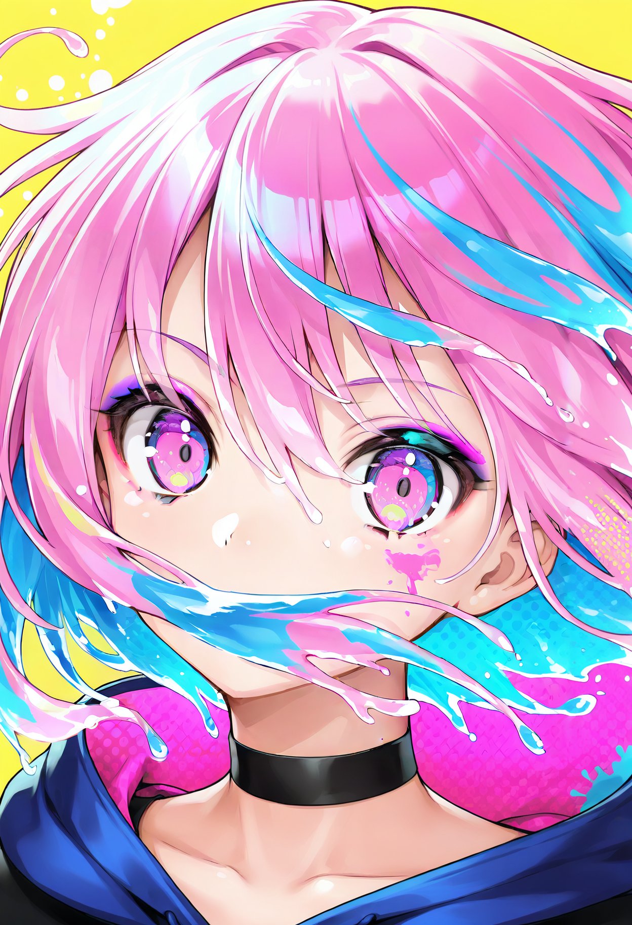 solo, yellow background, choker, multicolored eyes, looking at viewer, 1girl, black choker, portrait, multicolored hair, simple background, blue hair, pink hair, hood, halftone, short hair, pink eyes, liquid hair, covered mouth, paint splatter, floating hair, colorful, hair between eyes, makeup, hood down