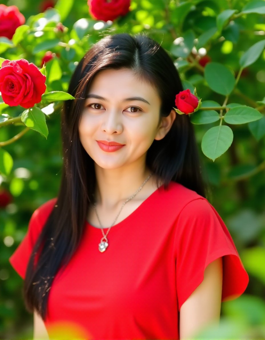 This is a photograph of a young woman standing in a lush, green garden. She has long, straight black hair that falls past her shoulders, and she wears a bright red blouse with short sleeves. Her hair is adorned with a single red rose on the left side, adding a vibrant pop of color to her appearance. The woman has a gentle smile and is looking directly at the camera, exuding a sense of calm and happiness.The background is filled with dense green foliage, with red roses and green leaves in the foreground. The roses are in full bloom, their petals vibrant and fresh, contrasting beautifully with the greenery. The sunlight filters through the leaves, casting dappled light on the woman and the flowers, creating a serene and natural ambiance. The background is slightly out of focus, emphasizing the woman as the central subject.Her necklace is delicate, with a small pendant that catches the light. The overall composition of the photograph is balanced, with the woman positioned centrally and the flowers framing her on either side. The image captures a moment of peaceful beauty in a garden setting.,GuanZhiLin, <lora:GuanZhiLin_Flux_V1-000001:1>