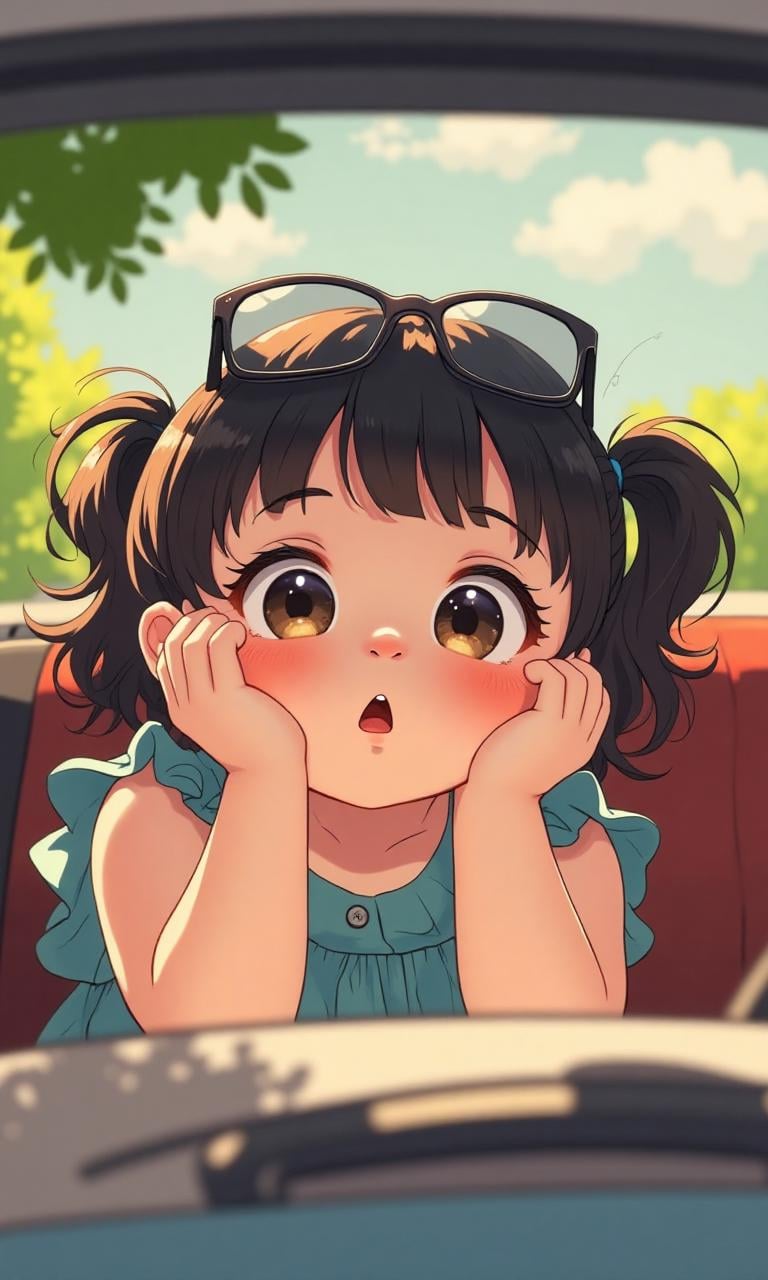 A chubby little Chinese girl sits in a convertible,  resting her face on her hands,  looking into the distance. She has a...