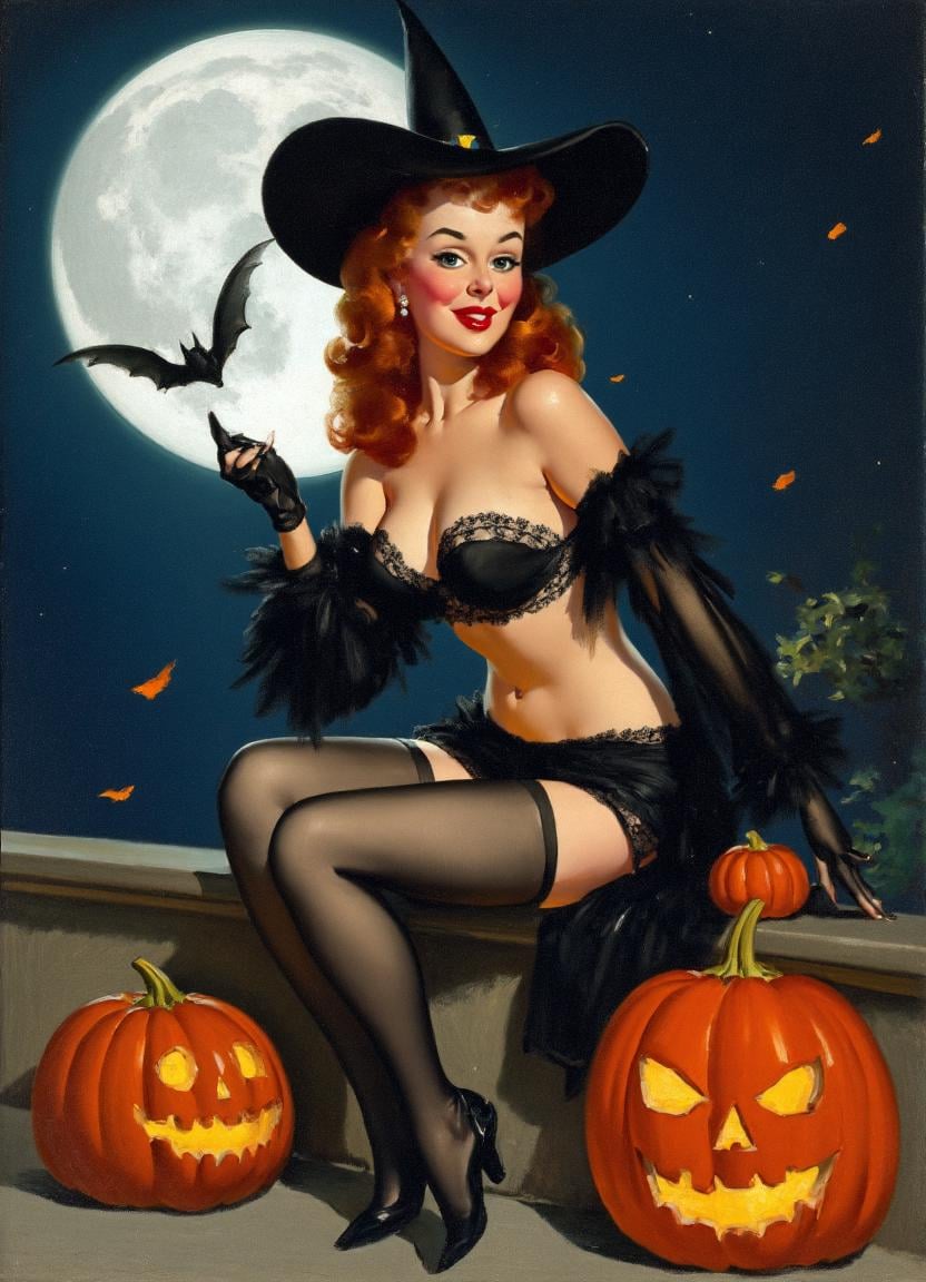 A high-resolution painting by Gil Elvgren depicting a seductive witch in a Halloween-themed setting. The central figure is...