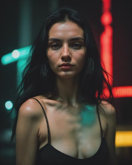 raw_photo photograph film_still cinematic fashion_photo of a beautiful russian woman, flowing black hair, detailed skin_texture shot on film vibrant_colors neon_theme photo_grain 3600_iso cinestill BREAK, selective focus, moody, atmospheric, 