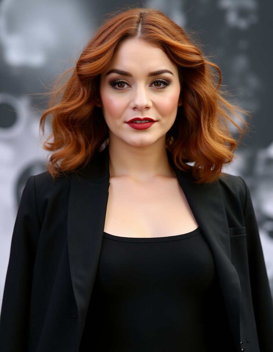 This image is a photograph featuring a woman with striking red hair styled in voluminous, curly waves. She has fair skin and a strong, defined jawline. Her lips are painted a deep, bold red, matching her hair, and she wears dark, smoky eye makeup, emphasizing her eyes. She is dressed in a black, form-fitting top with a deep neckline, which accentuates her collarbone and chest. Over her top, she wears a black blazer that adds a touch of sophistication to her outfit. The background is slightly blurred, suggesting an outdoor setting, possibly an urban area, with indistinct shapes and shades of grey and blue, hinting at a cityscape. The lighting is natural, likely sunlight, casting soft shadows and highlighting the texture of her hair and the contours of her face. The overall mood of the photograph is elegant and slightly mysterious, capturing a moment of intense focus or contemplation. The photograph is likely taken in the 21st century, with the woman's attire and makeup style suggesting a modern, chic look.,,Vanessa_Hudgens, <lora:Vanessa_Hudgens_Flux_V1:1>