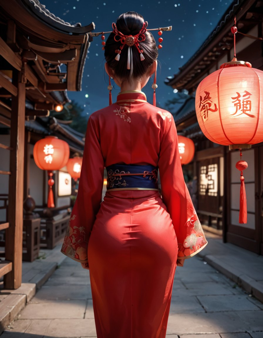 (score_9,score_8_up,score_7_up),wide angle lens,18 year old cute chinese young girl,(chinese hanfu:1.6),low light,late night,colorful,very detailed,stunning details,skinny,from behind,from_back,thin waist big ass,runing,