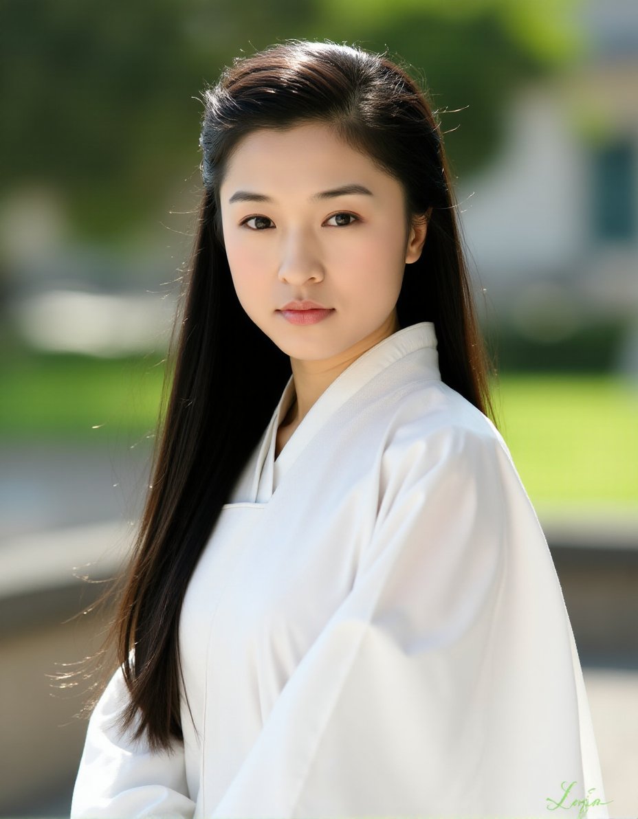 The image is a high-resolution photograph of a young East Asian woman with a fair complexion and long, straight, dark brown hair. She has a delicate facial structure with prominent, almond-shaped eyes adorned with subtle makeup, including a hint of eyeliner and mascara. Her lips are slightly parted, revealing a natural pink hue. She is wearing a traditional East Asian garment, possibly a hanfu, which is a white, high-collared, loose-fitting top with flowing sleeves. The fabric appears to be lightweight and soft, with a slight sheen.The background is slightly out of focus, creating a bokeh effect that highlights the subject. It appears to be an outdoor setting with blurred greenery and what looks like a stone or wooden structure, suggesting a serene garden or historical site. The lighting is natural, likely from the sun, casting soft shadows and illuminating her face and hair, giving it a gentle glow. The overall mood of the image is calm and serene, emphasizing the beauty and grace of the subject against a softly blurred backdrop. The photograph captures a moment of tranquility and elegance.,weixiaojun,  <lora:WeiXiaoJun_Flux_V1:1>