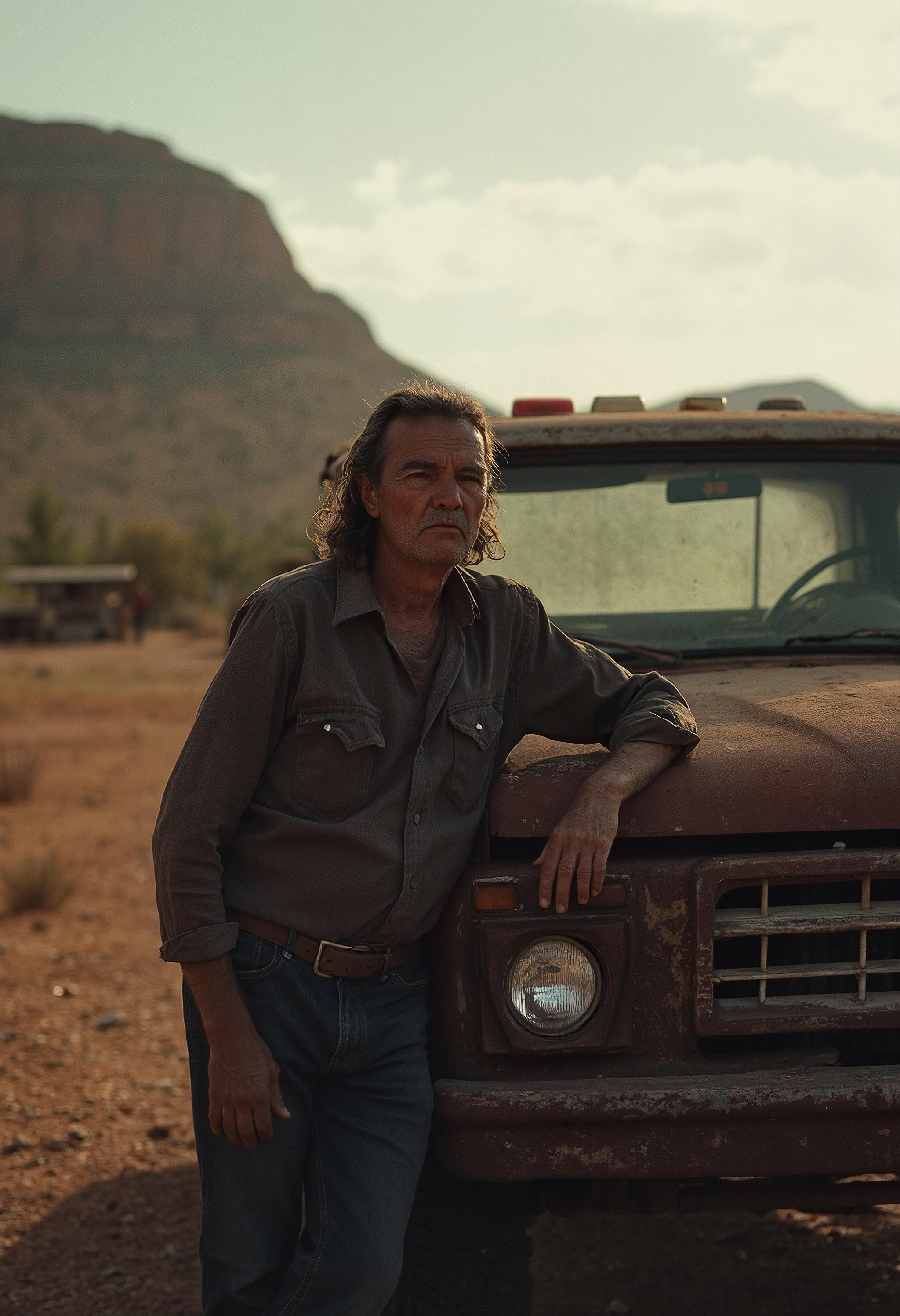 A point portrait of a Native American man in his 50s leaning on a rusty pickup truck in a New Mexican canyon poverty village backdrop. The image is captured with a grainy, filmic texture and high contrast, enhancing the raw, emotional quality of the scene. The man is partially silhouetted, illuminated by back light with light leaks and a moody atmosphere. The composition is off-centered and asymmetrical, featuring highlight bloom and filmic glow. The rugged truck and the stark, impoverished village background add to the dramatic and contemplative mood. Grainy, grain, film grain, candid, high contrast, film burn, analog texture, partial silhouette, Chiaroscuro, off-centered, asymmetrical, highlight bloom, filmic glow, blown-out highlights, moody, herbstphoto, herbst photo. <lora:Herbst_Photo_Extra_Texture-0000020:2.0> <lora:realism_lora:1.0><lora:Herbst Photo Lora Test_00480_:0>