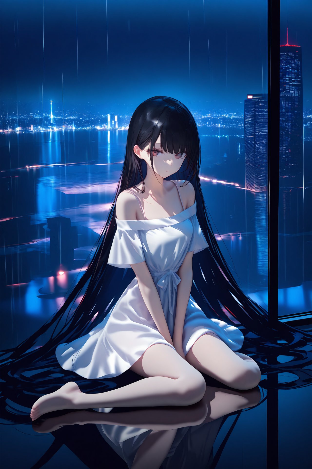 masterpiece,best quality,1girl,long hair,solo,dress,very long hair,black hair,rain,sitting,reflection,white dress,cityscape,off shoulder,skyscraper,window,city,building,indoors,looking at viewer,bare shoulders,city lights,short sleeves,barefoot,reflective floor,off-shoulder dress,wariza,night,hand between legs,