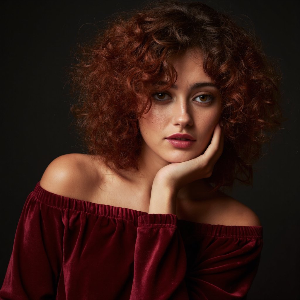 A close-up portrait of ella_purnell with vibrant, curly, reddish-brown hair. She wears a deep red, off-the-shoulder velvet top. Her pose is contemplative; her hand rests gently on her chin, and her lips are painted a bold, deep red. The dark background accentuates the woman's features and the texture of her hair. The image style is dramatic and evocative, emphasizing the interplay of light and shadow.