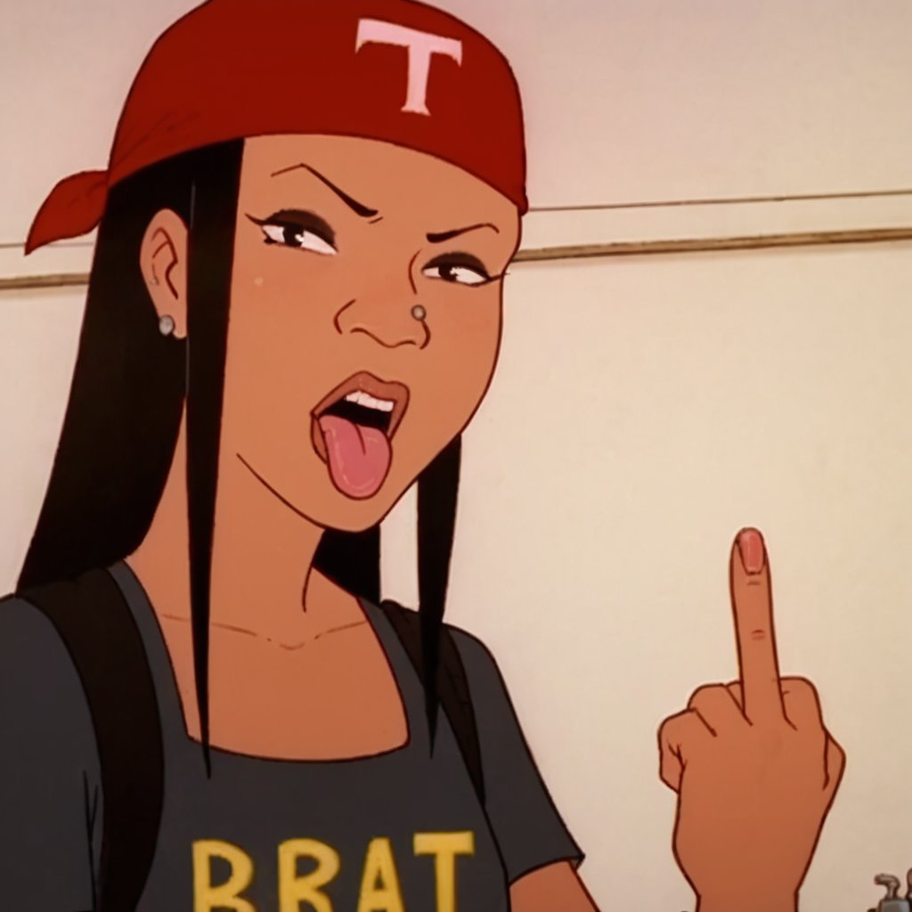 score_9, score_8_up, score_7_up, score_6_up, score_5_up, score_4_up, 1girl, 2d, black hair, long hair, bandana, piercing, dark skin, flat chest, narrow waist, wide hips, looking at viewer, tongue out, middle finger, highres, high quality, masterpiece, <lora:Tid_Pao_Souphanousinphone:1>