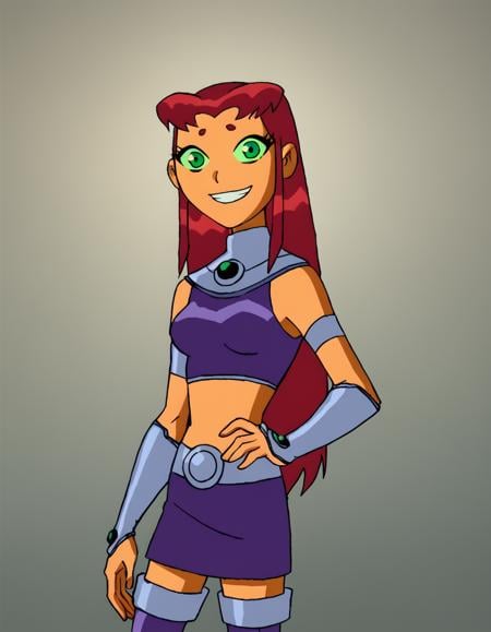 <lora:StarfireTTPony:1> starfirett, 1girl, red hair, solo, long hair, green eyes, orange skin, armlet, gorget, crop top, midriff, smile, purple skirt, green sclera, breasts, purple footwear, bracer, score_9, score_8_up, score_7_up, score_6_up, score_5_up, score_4_up, looking at viewer,hand on hip, cowboy shot